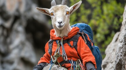 Goat climber in orange jacket scaling rugged mountain terrain with climbing gear