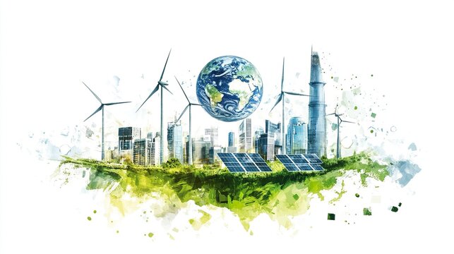 Global Green Energy Concept: Earth Globe Surrounded by Wind Turbines and Solar Panels, Modern Cityscape Background, Watercolor-Style Vector Illustration on White, Ideal for Poster or Banner Design, 8K