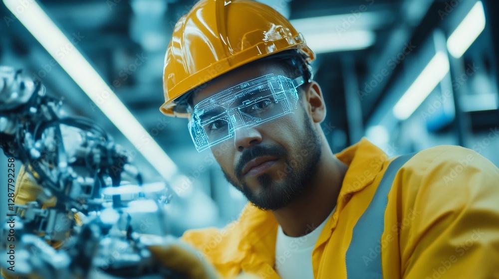 Aufkleber future of manufacturing: a skilled worker uses augmented reality to oversee a robotic arm in a moder