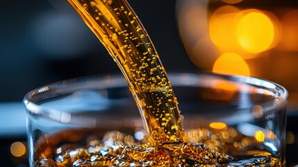 Refreshing Carbonated Beverage Pouring into Transparent Glass