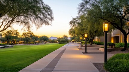 Sunrise pathway through landscaped campus