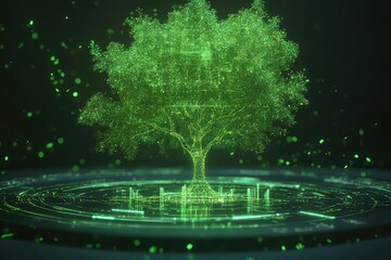A futuristic financial concept with a digital hologram of a green tree, symbolizing carbon credit investments and sustainability.