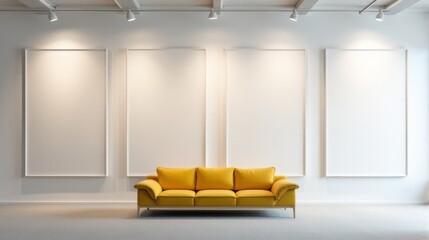A modern art gallery interior with a minimalist design featuring large, blank, framed canvases on the walls, arranged in a row. The room is well-lit with a yellow fabric sofa and carpeted floor.