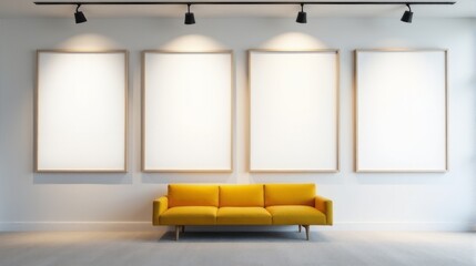 A modern art gallery interior with a minimalist design featuring large, blank, framed canvases on the walls, arranged in a row. The room is well-lit with a yellow fabric sofa and carpeted floor.