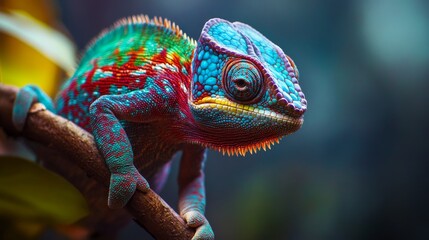 Colorful chameleon with vibrant blue and red scales on a branch in a natural forest. Wildlife and adaptation concept