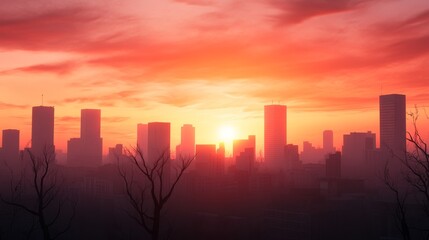 Fototapeta premium Sunset cityscape silhouette, barren trees, urban scene