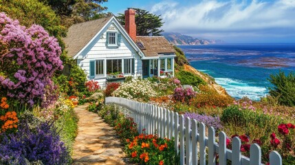Charming coastal cottage surrounded by vibrant flowers