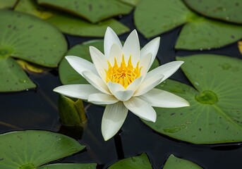 Serene white water lily floats gently on dark water. AI Generated