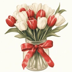Fototapeta premium Vintage mason jar with red and white tulips adorned burlap bow isolated on white background