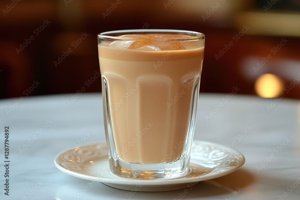 Poster iced latte on a saucer in a glass with ice cubes on a marble table in a cafe with a blurred backgrou