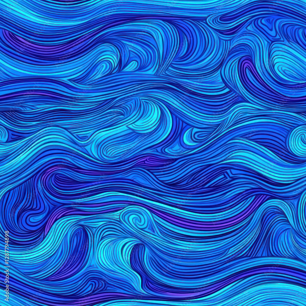 Poster flowing abstract blue purple swirls create dynamic movement across seamless pattern, full background