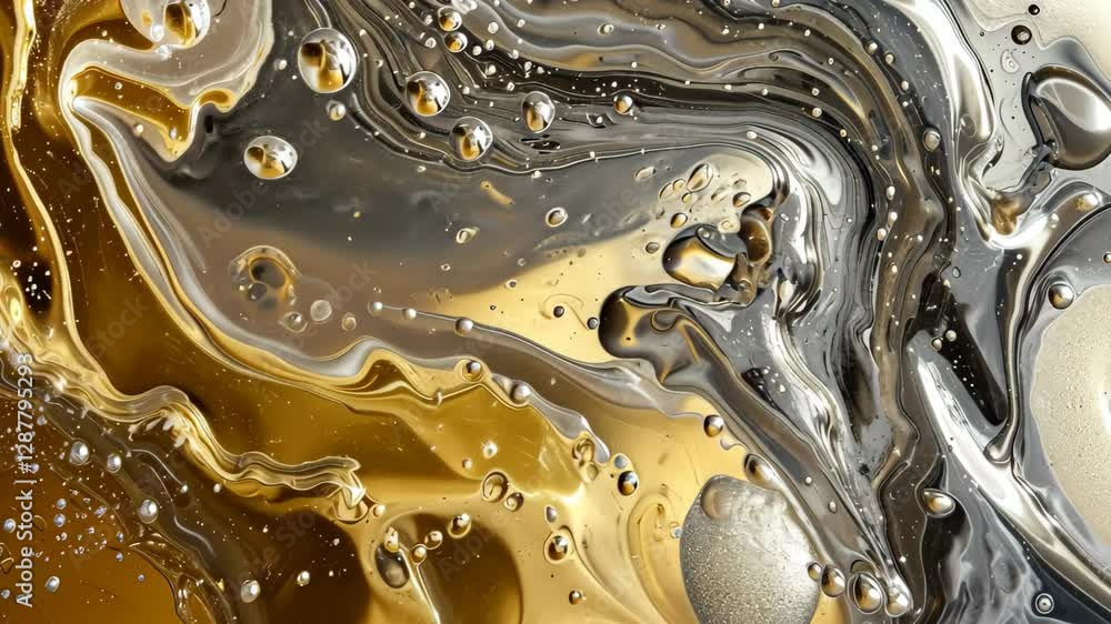 Poster liquid gold gracefully merging with silver in a celestial harmony, creating an enchanting display of