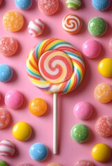 Rainbow lollipop on a pink background.