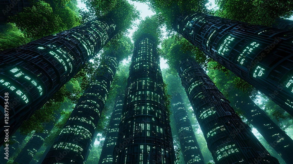 Poster a futuristic rainforest where trees display holographic growth patterns, glowing digital vines wrapp