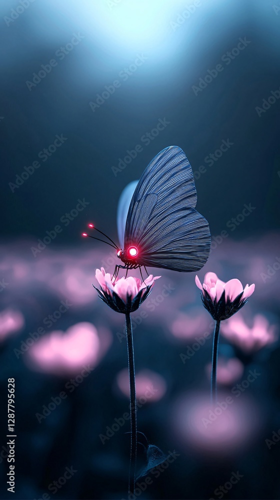 Poster a cybernetic butterfly hovering over a field of virtual flowers, its wings displaying intricate patt