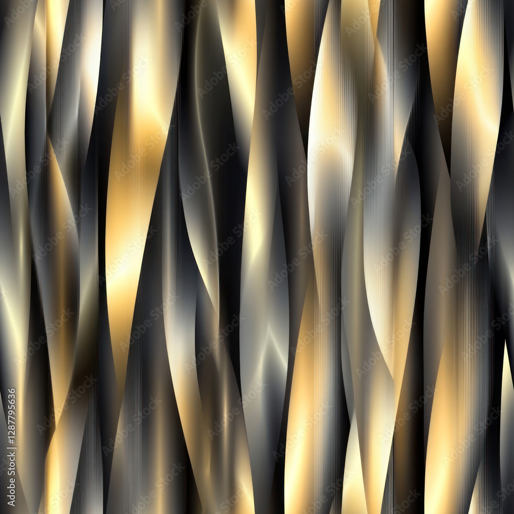 Poster flowing ribbon shapes interweave. gold, dark shades create depth. abstract, patterned background wit