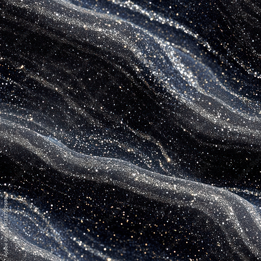 Poster flowing fabric with sparkles, creating dreamy background with wave-like dark and shining textures
