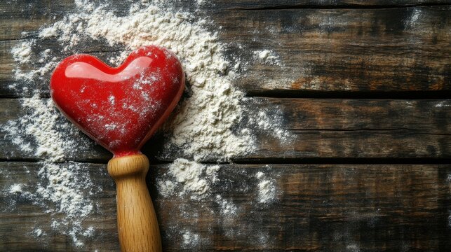 Heart shaped rolling pin on rustic wooden surface with flour for baking love and valentines day concept culinary preparation and affection - Powered by Adobe