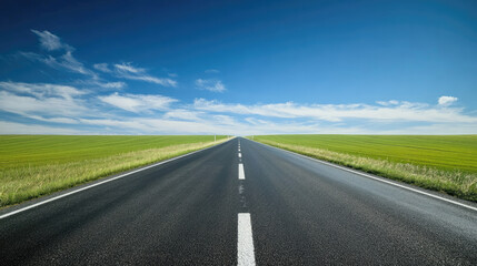 Fototapeta premium Wide road into distance, flanked by green fields and blue sky. High-definition, horizontal composition. Serene beauty.