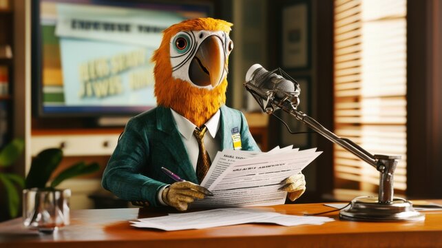 Bird news anchor delivers the latest updates in a vibrant studio setting with modern decor