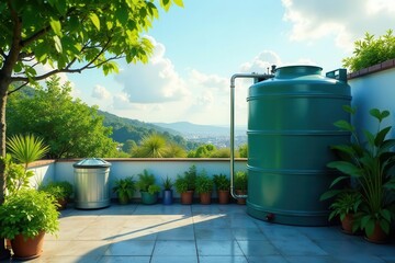 Serene Rooftop Garden with a Large Green Water Tank Providing Sustainable Irrigation