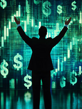 Silhouette of a businessman celebrating success in finance. Green digital background with dollar symbols and stock market charts, symbolizing wealth and financial growth