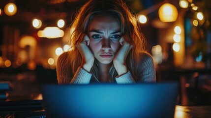 Businesswoman, laptop screen glowing, stressed expression, late hours