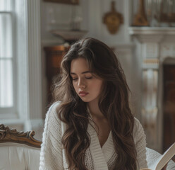 beautiful female with long hair wearing white indoor reading and relaxing
