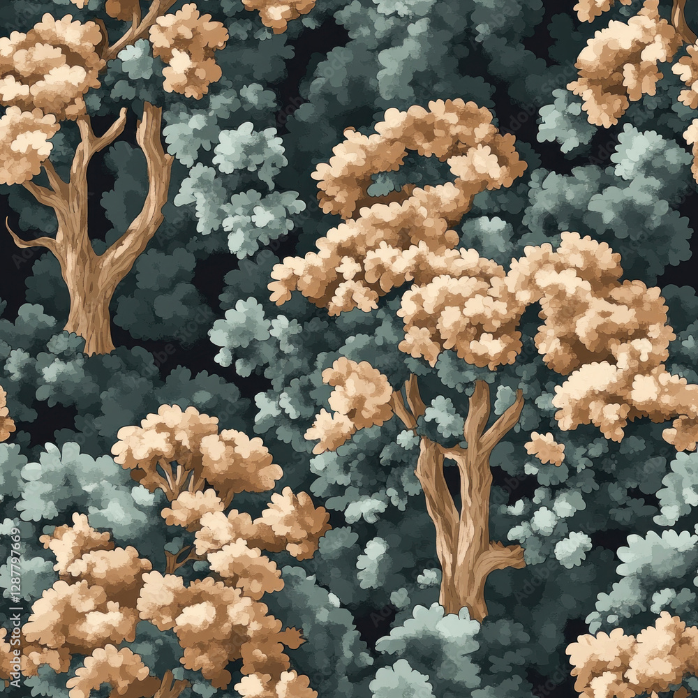 Poster forest canopy overhead view. trees intertwine, stylized rendering against dark, dense undergrowth ba