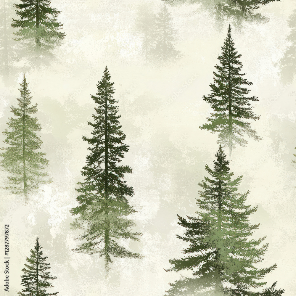 Poster forest evergreen trees amidst fog creating a serene atmosphere