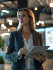 Stylish businesswoman looking at a tablet in a corporate setting. Modern leadership