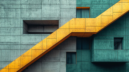 Fototapeta premium Modern Architectural Design with Vibrant Yellow Staircase on Concrete and Teal Background