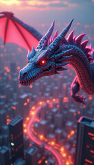 Fototapeta premium Cybernetic dragon soaring over neon metropolis, digital fantasy concept