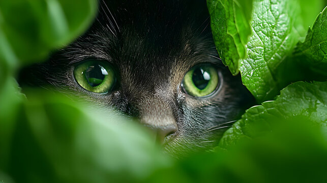 Black cat hiding in green leaves, garden background, pet portrait
