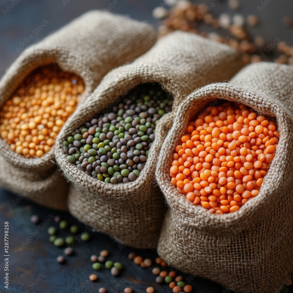 Aufkleber rustic burlap sacks filled with colorful lentils creating a textured and vibrant food display