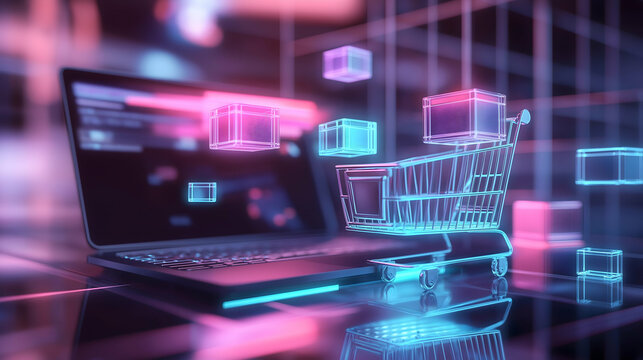A digital shopping cart emerges from a laptop, symbolizing e-commerce and technology's role in online retail with vibrant neon colors.