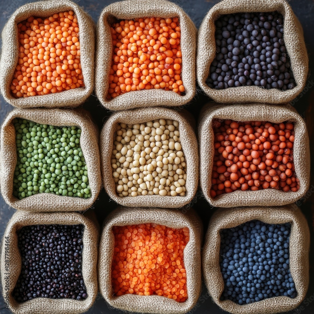 Aufkleber assorted lentils in burlap bags arranged in a grid pattern creating a colorful and textured food bac
