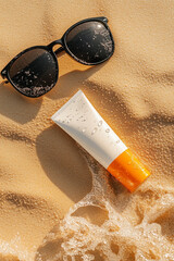 Sunscreen and sunglasses on the sand. Summer skincare essentials