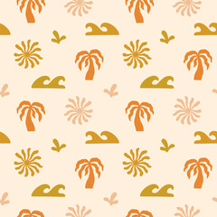 Boho Organic Summer Pattern. Abstract Beach Hand Drawn Background. Boho Sun And Palm Print. Vector Illustration Cutout Naive Style. Ocean Coral Sun Seamless Pattern for Textile. Modern Groovy Bg.