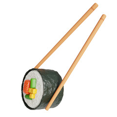 Fresh sushi roll with chopsticks 3d icon cartoon  on transparent background