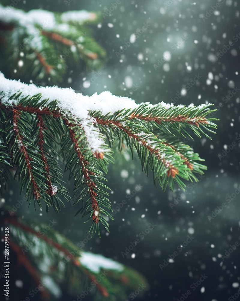 Poster serene winter scene of snow covered pine branch in a forest during a gentle snowfall creating a peac
