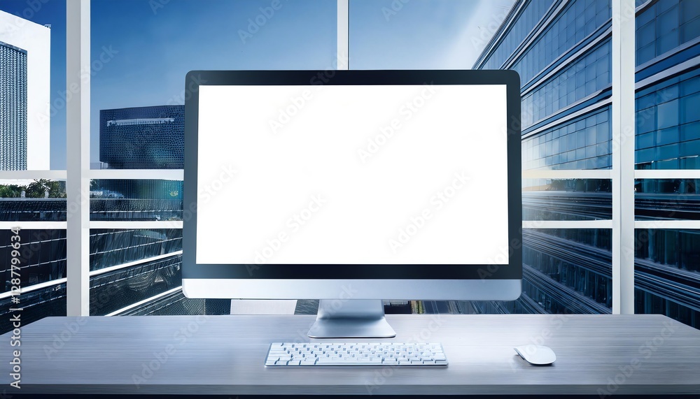 Poster a modern workspace featuring a blank computer screen, keyboard, and a view of sleek skyscrapers thro