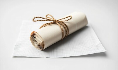 Rolled paper tied with twine on graph paper, message or drawing concept