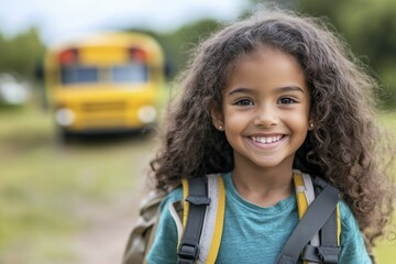 Cheerful schoolgirl with backpack smiling outdoors in front of school bus
