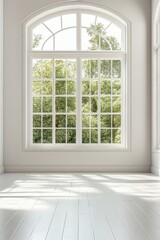 Fototapeta premium Bright Interior Space with Large Arched Window Overlooking Lush Green Trees in Natural Light