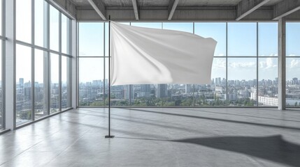 White Blank Flag in Modern Cityscape Room