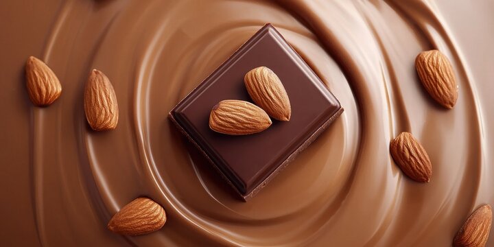 A rich, creamy chocolate square surrounded by whole almonds, creating a delightful contrast on a smooth chocolate swirl background.