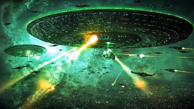 A fleet of futuristic UFOs fires upon a city in a science fiction alien invasion scene.
