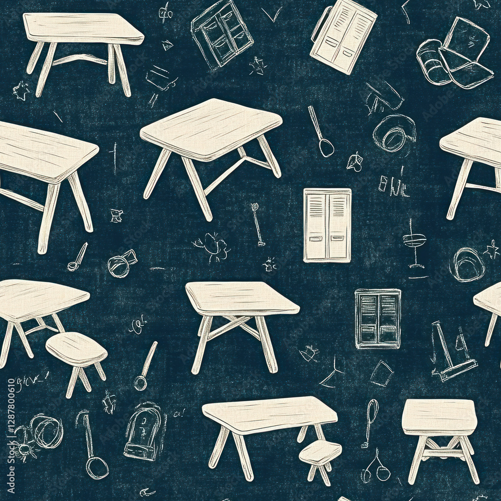 Poster furniture sketches randomly float on dark textured background, creating a whimsical abstract scene
