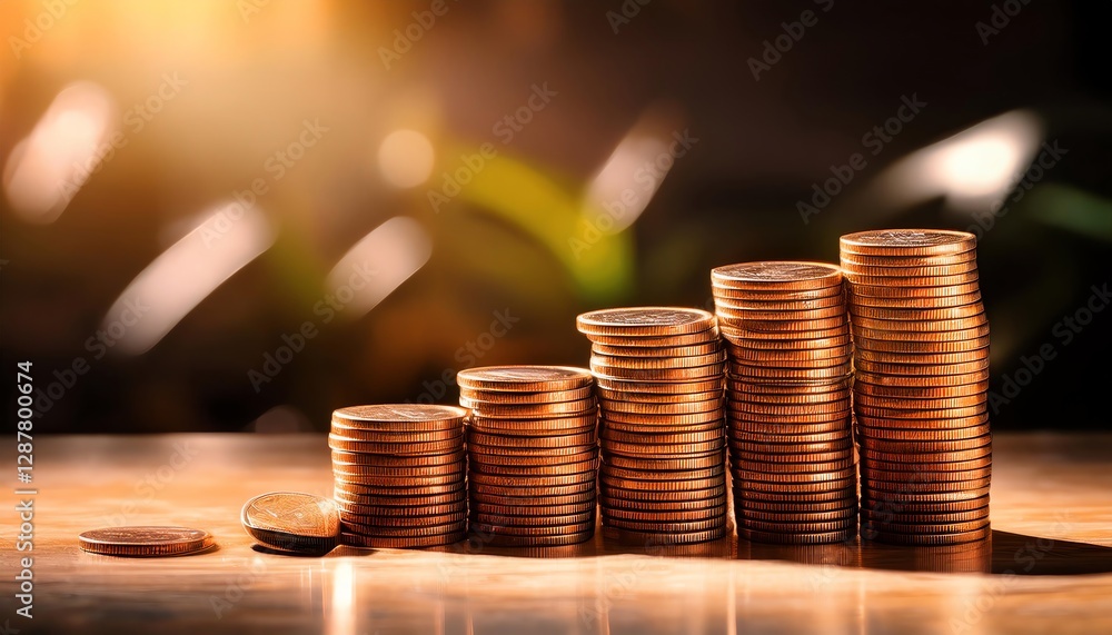 Poster a close-up of stacks of coins arranged in a gradient, reflecting warm light, symbolizing wealth and 